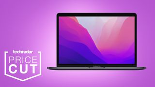 Apple MacBook Pro 13 M2 on purple background with price cut text