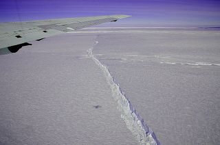 The Pine Island Glacier ice shelf, where Bindschadler will be doing field work. A giant rift, part of a natural calving process, has recently formed on the ice shelf.