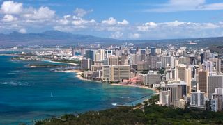 View from Diamond Head of Waikiki Beach and Honolulu city on south shore of Oahu Hawaii USA.