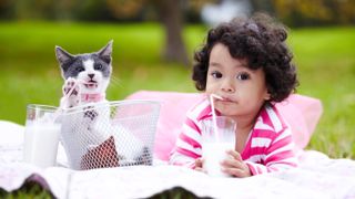 Adorable shot of young girl and her kitten drinking from glasses of milk with straws in the park