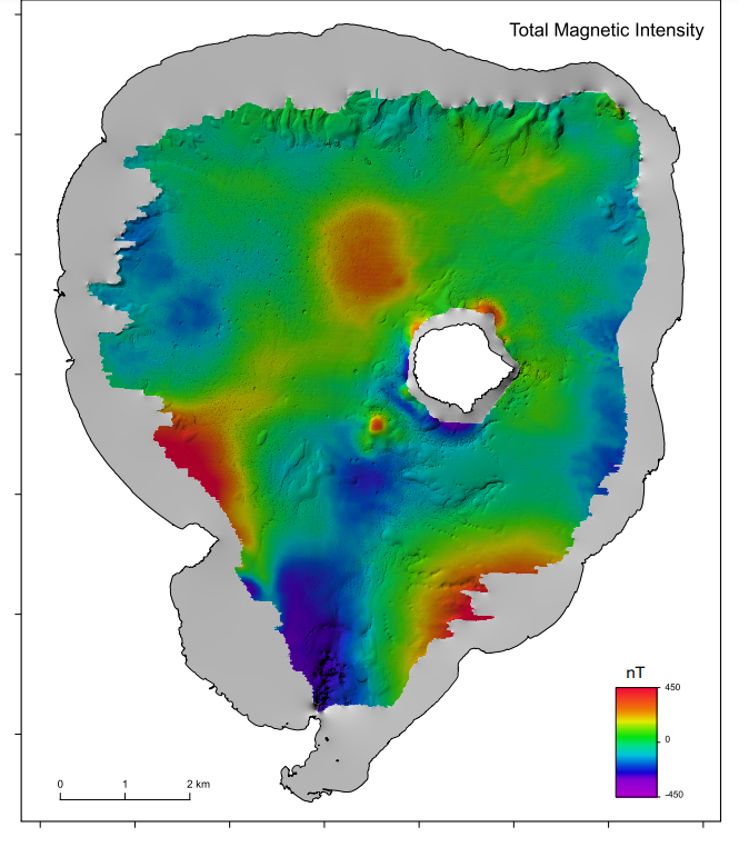 Intensité magnétique totale cartographiée sur une échelle colorée.