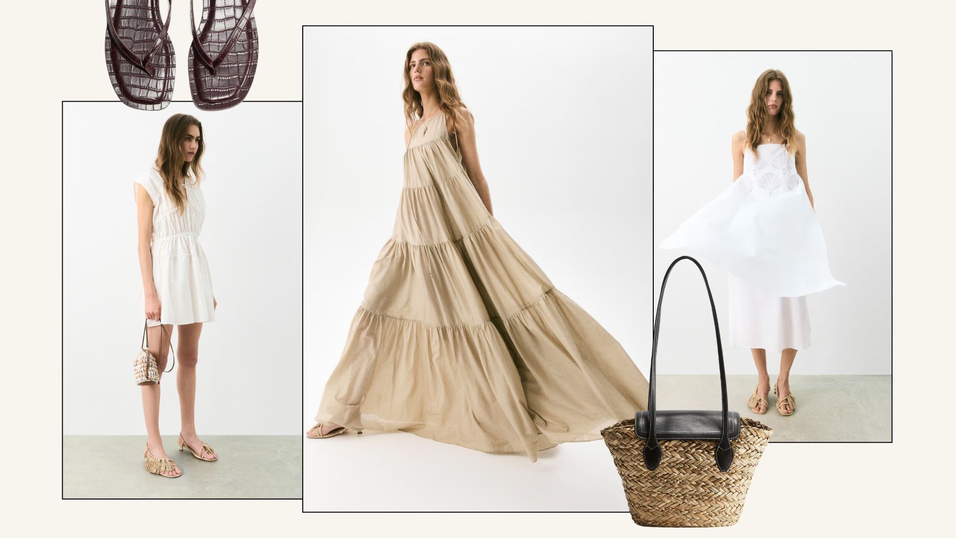 Collage of H&amp;M sandals, basket bag, woman in white dress, woman in beige dress, woman in white top and skirt