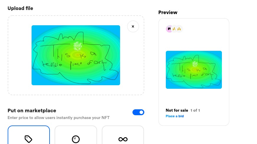 How to make and sell an NFT: screengrab from Rarible