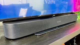 Sonos Beam Gen 2 soundbar under Samsung Q80T QLED TV