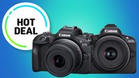 Two Canon EOS cameras (Canon EOS R50 and Canon EOS R100) are displayed against a blue gradient background, accompanied by a prominent "Hot Deal" badge