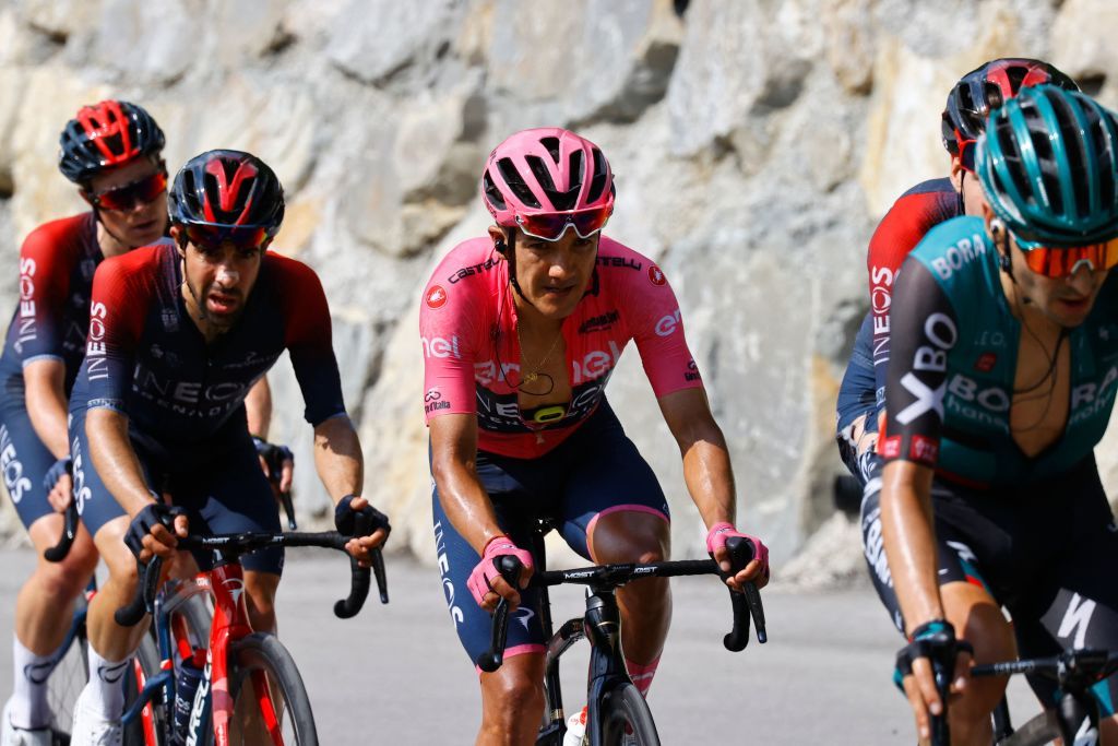 Overall leader Team Ineos Ecuadorian rider Richard Carapaz C rides in the ascent of the Kolovrat pass near Kamno Slovenia during the 19th stage of the Giro dItalia 2022 cycling race 178 kilometers from Marano Lagunare to Santuario di Castelmonte northeastern Italy on May 27 2022 Photo by Luca Bettini AFP Photo by LUCA BETTINIAFP via Getty Images