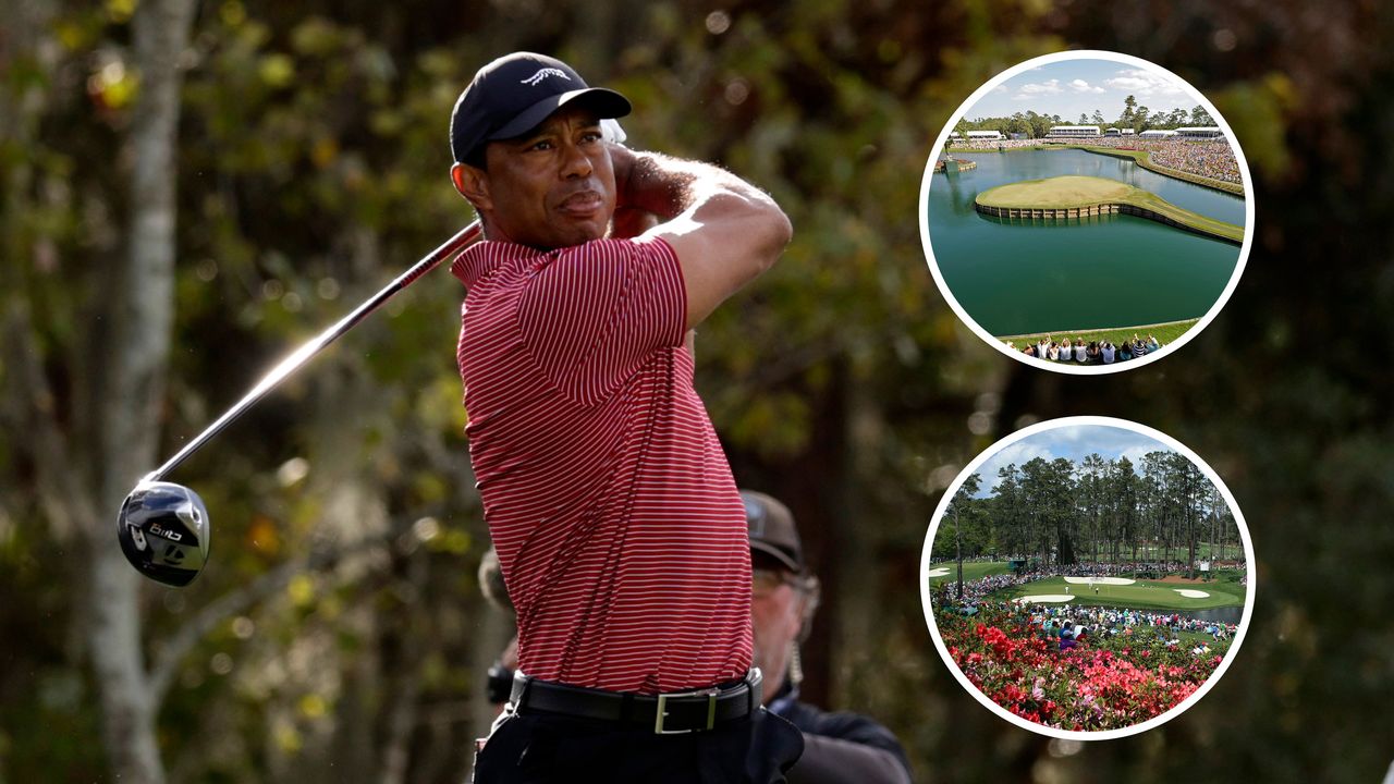 Tiger Woods hits a drive and insets of TPC Sawgrass and Augusta National