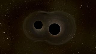 An illustration of two merging black holes