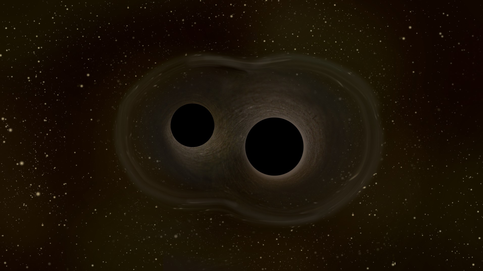An illustration of two merging black holes.