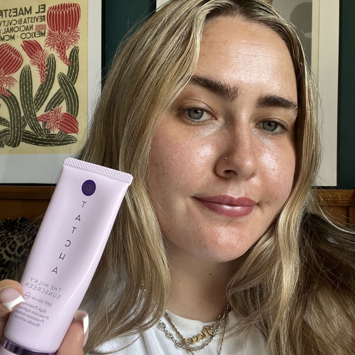 Amelia wearing Tatcha, The Milky Sunscreen Spf 50+