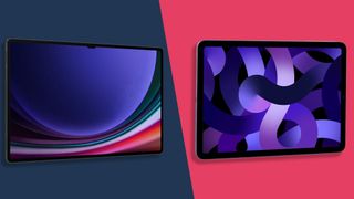 El Galaxy Tab a la izquierda y el iPad Air a la derecha, vemos las pantallas de ambos y ambos tienen imágenes coloridas en ellos