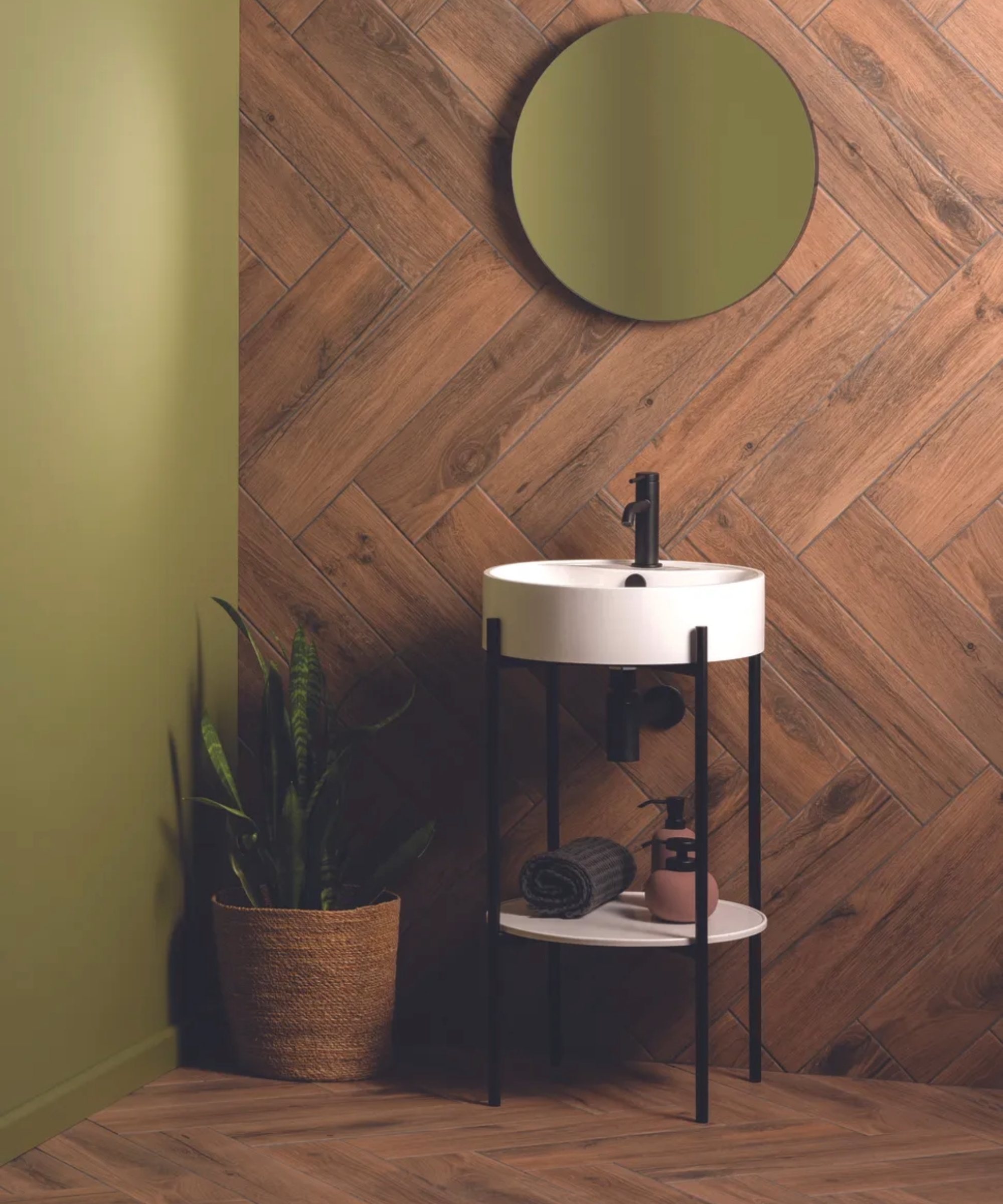 wood effect tiles laid in a small bathroom