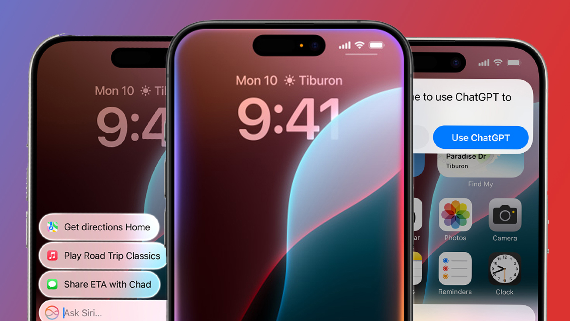 Three iPhones on blue and red background with Apple Intelligence