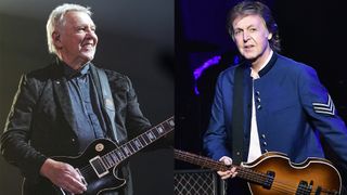 LEFT: Alex Lifeson of band Rush sings at the KIA Forum on Sunday, June 7, 2026 in Inglewood, CA. RIGHT: Paul McCartney performs in concert at American Airlines Arena on July 7, 2017 in Miami, Florida.