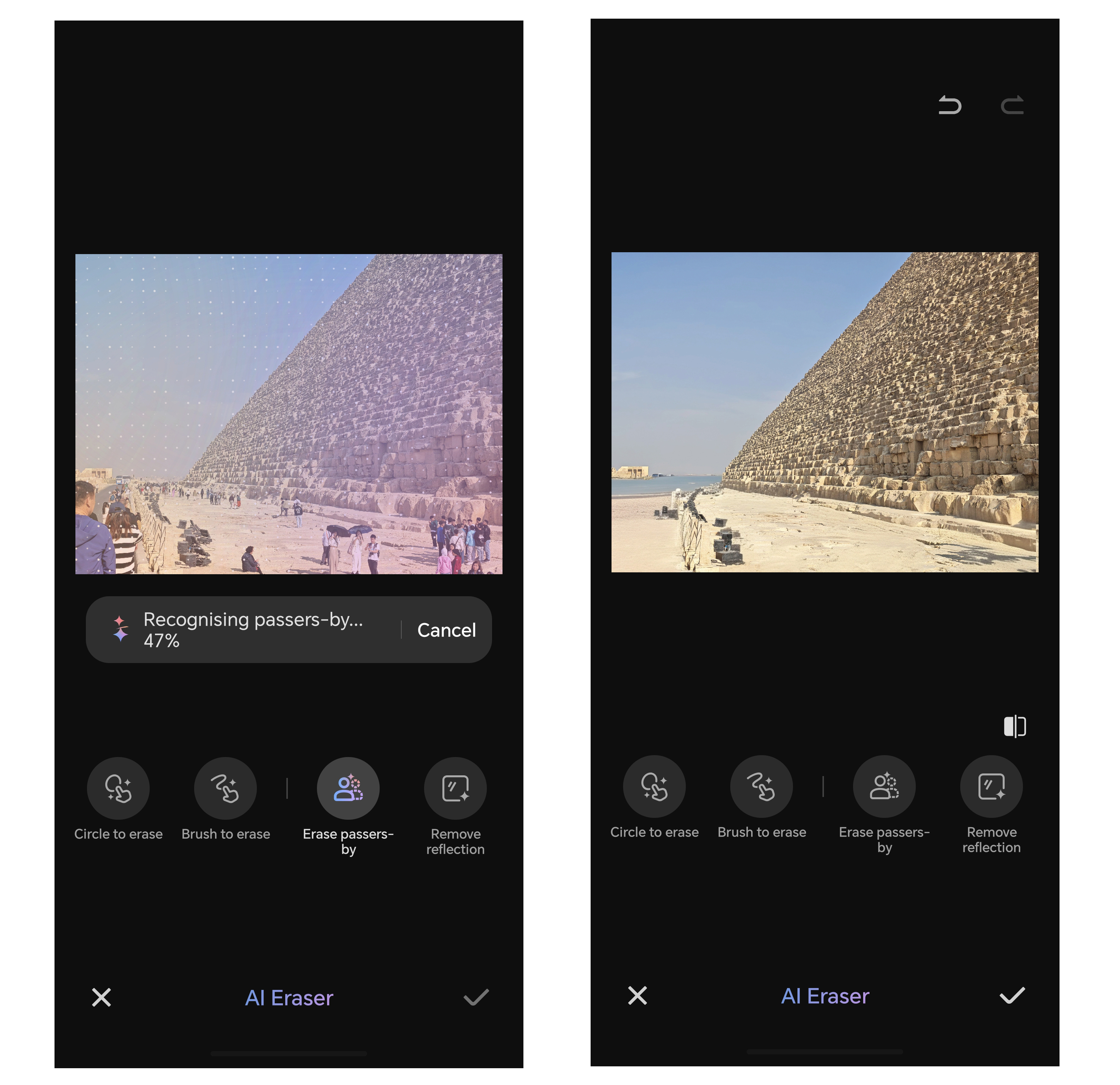 Two screenshots of a photo of an Egyptian pyramid being edited using a photo editing app