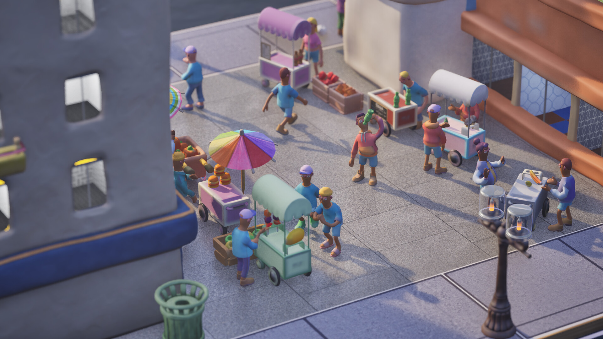 In city building life sim Neighborhoods, little claymation-like residents gather around a food stalls