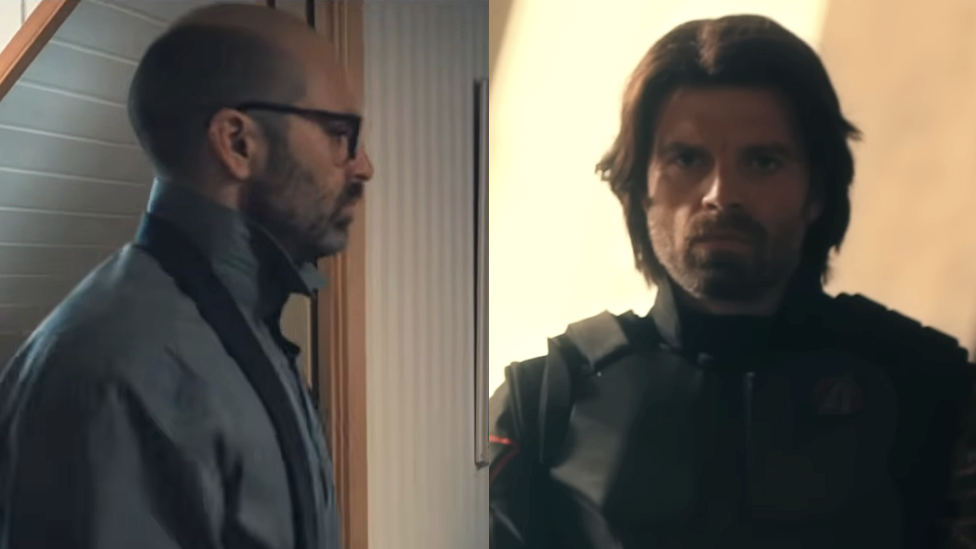 Side by side of Sebastian Stan with balding head in Fjord (2026), Sebastian Stan as Bucky Barnes with longer hair in Avengers: Doomsday.