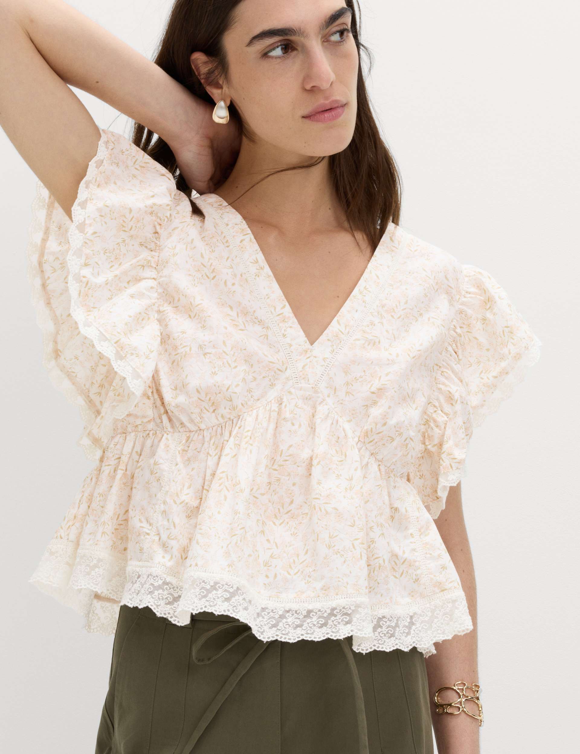 Pure Cotton Ruffle Embroidered Detail Blouse