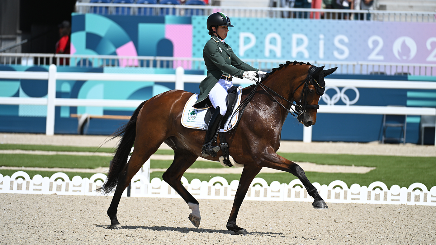 Abi Lyle and Giraldo in the dressage grand prix at the Paris Olympics