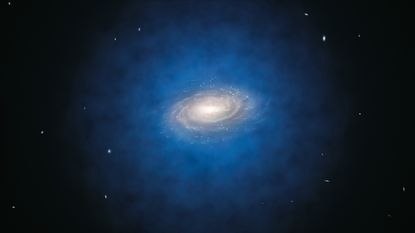 This artist&rsquo;s impression shows the Milky Way galaxy. The blue halo of material surrounding the galaxy indicates the expected distribution of the mysterious dark matter, which was first introduced by astronomers to explain the rotation properties of the ga