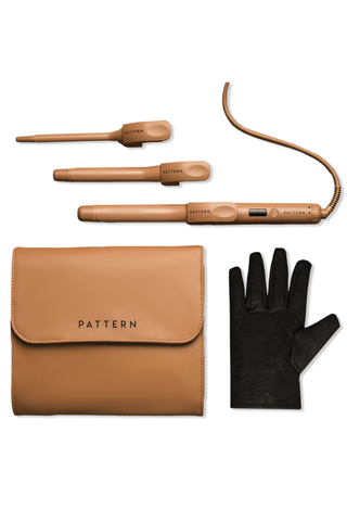 Pattern Beauty Interchangeable Curling Iron kit with case and glove on a white background