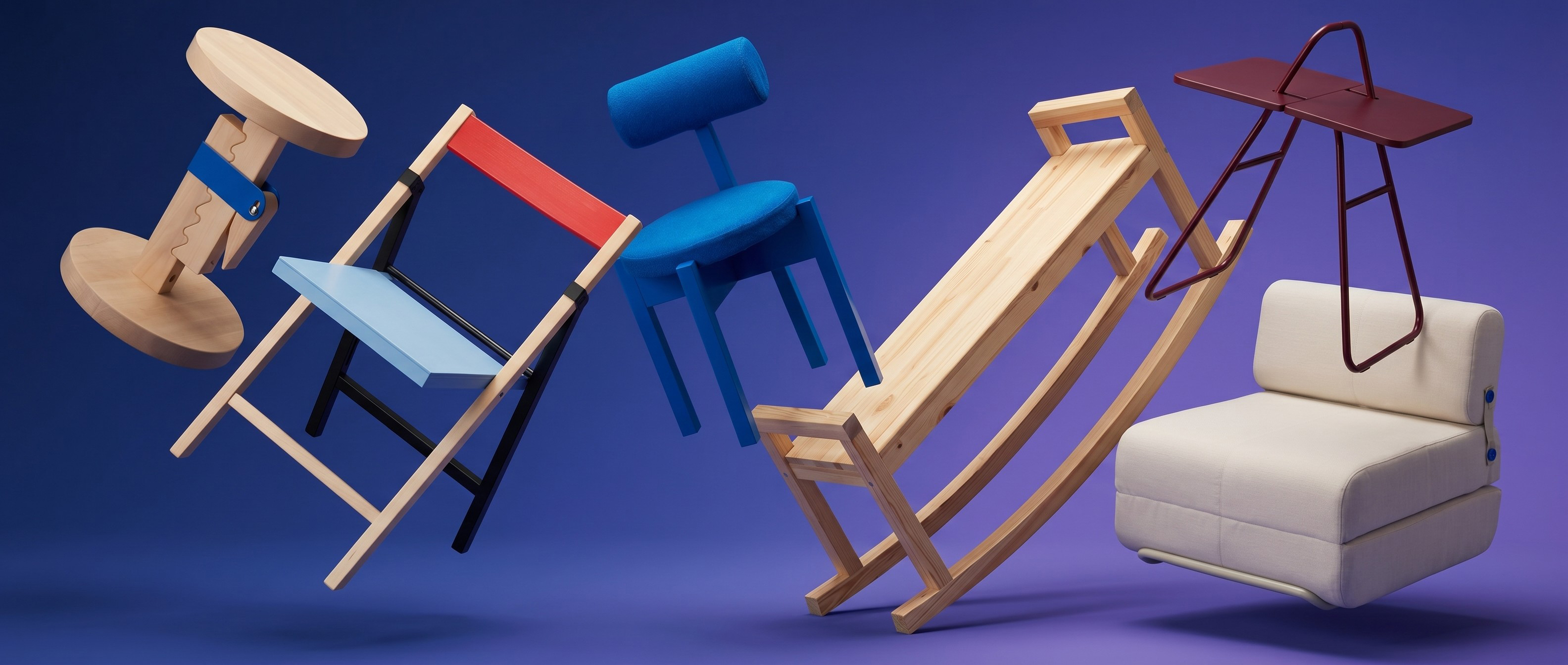 Selection of IKEA PS 2026 collection furniture appearing to fall through the air
