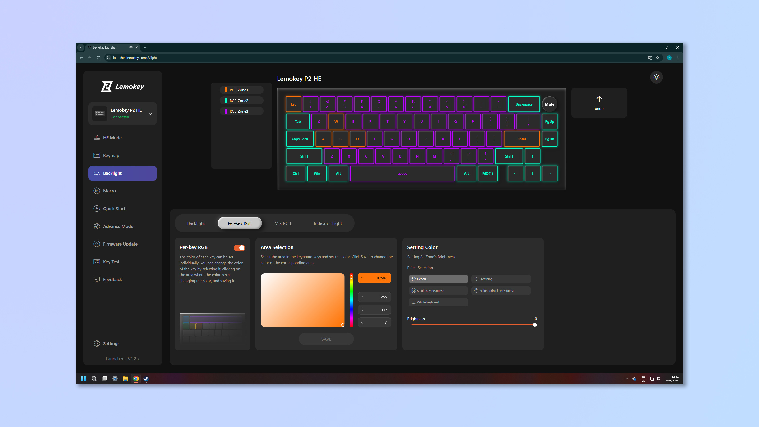 The Lemokey P2 HE being modified using the Lemokey Launcher software