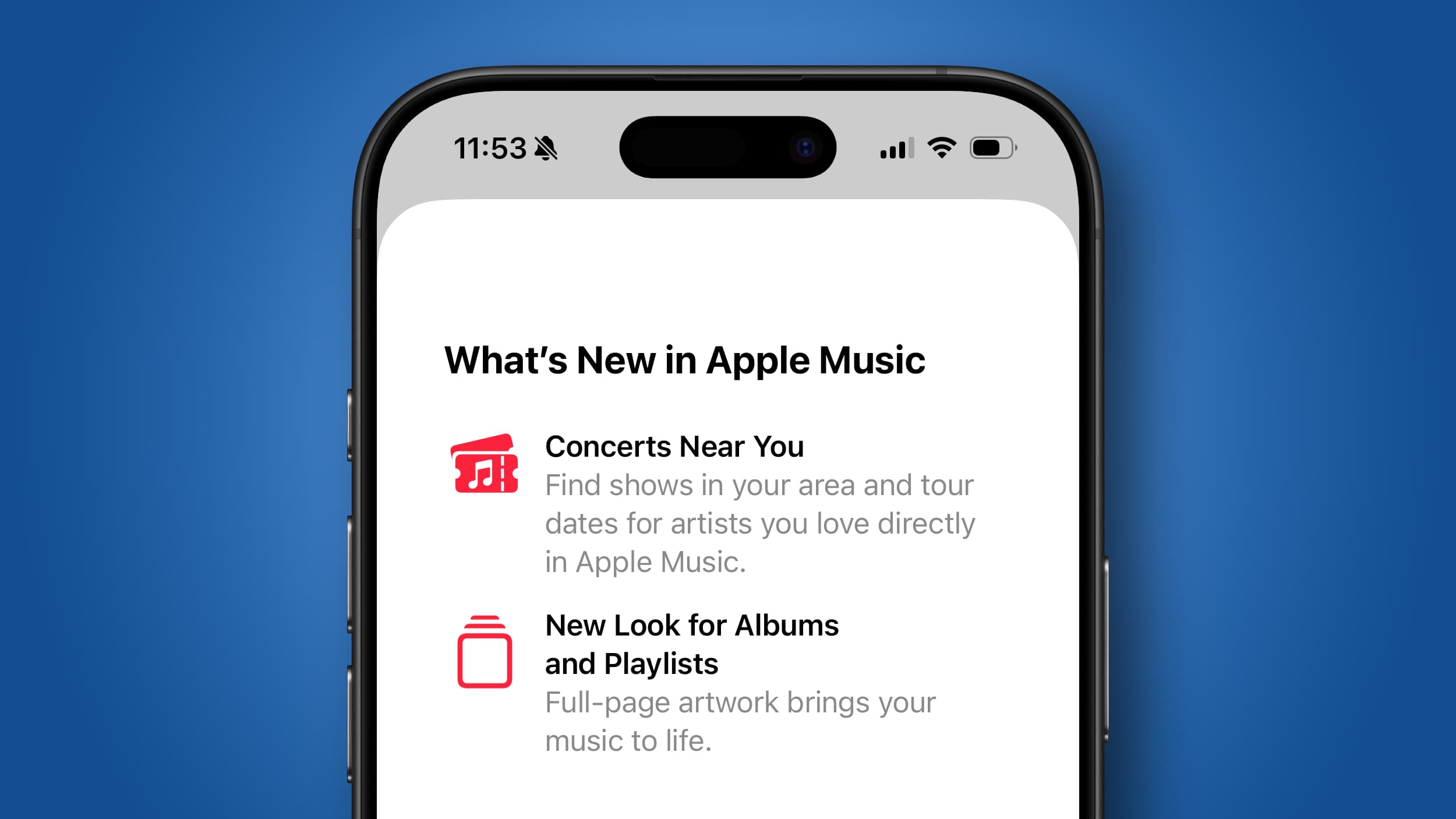 An iPhone 16 Pro running Apple Music in iOS 26.4 against a blue background.