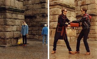 Male models wearing blue, black and red clothes from the Loewe AW2015 collection