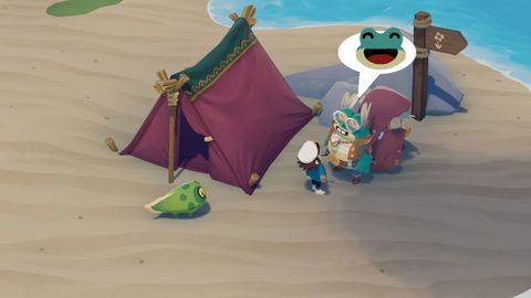 Captain talking to frog near a tent