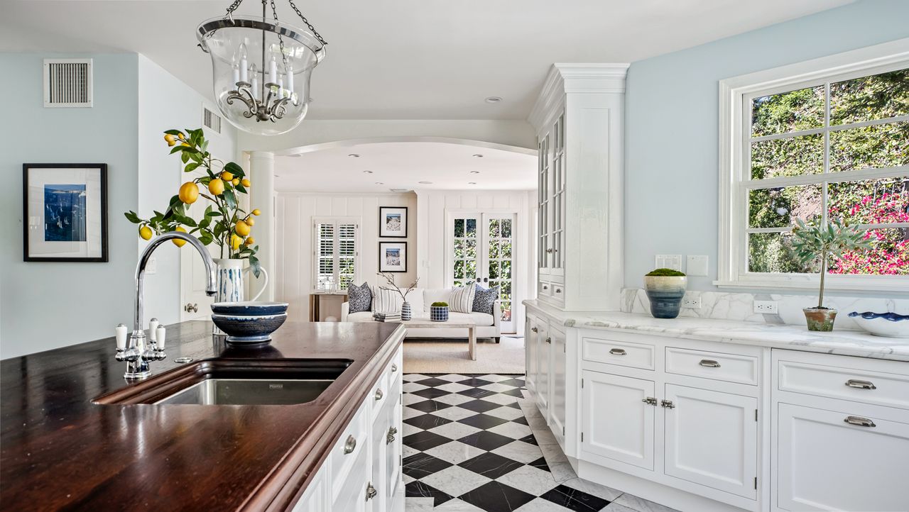 Gwyneth Paltrow&#039;s childhood kitchen with monochromatic flooring