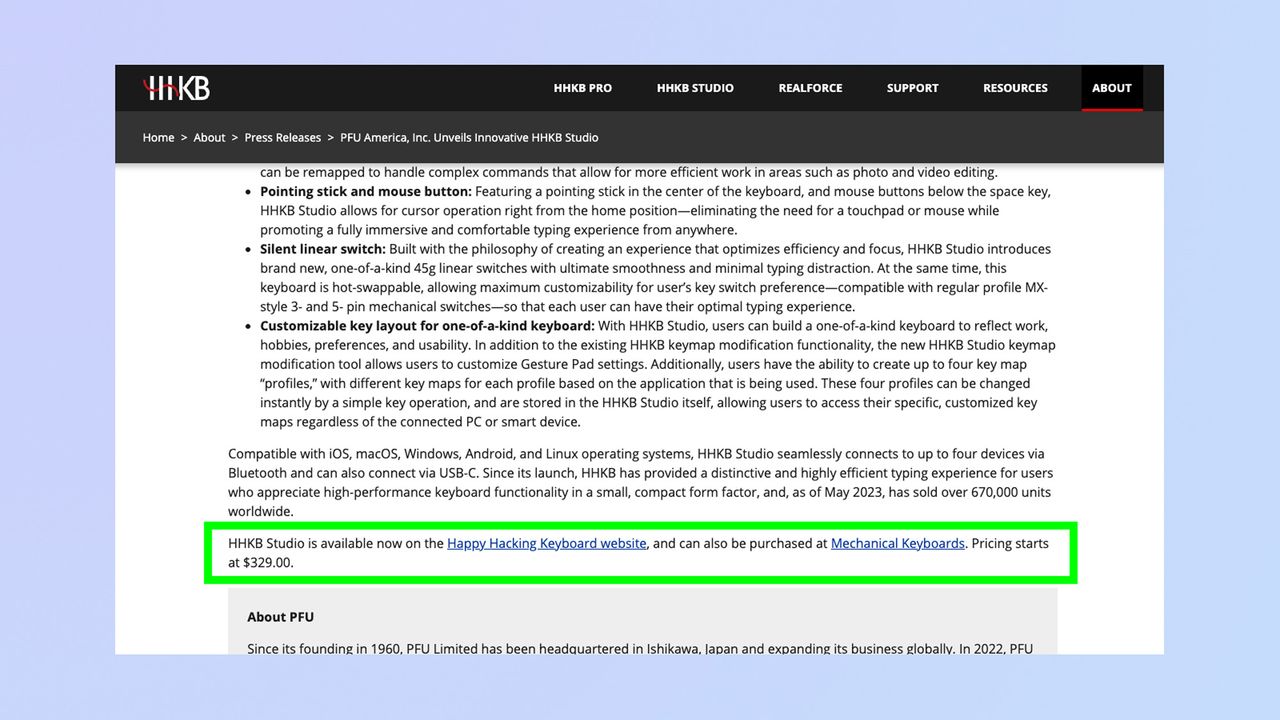 A screenshot of the HHKB PFU press release with the line showing the list price at launch highlighted