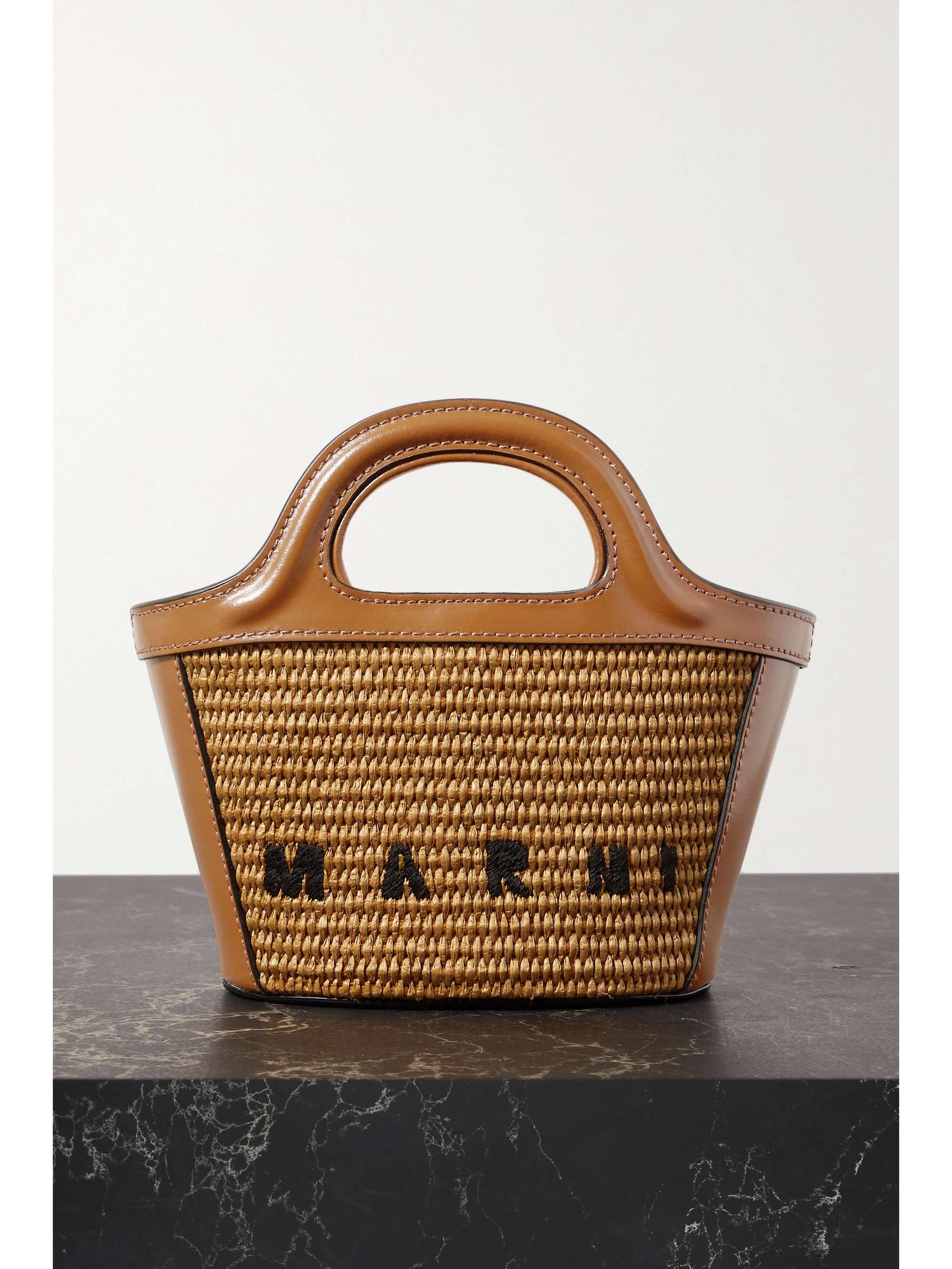 Tropicalia Micro Embroidered Leather-Trimmed Raffia Tote