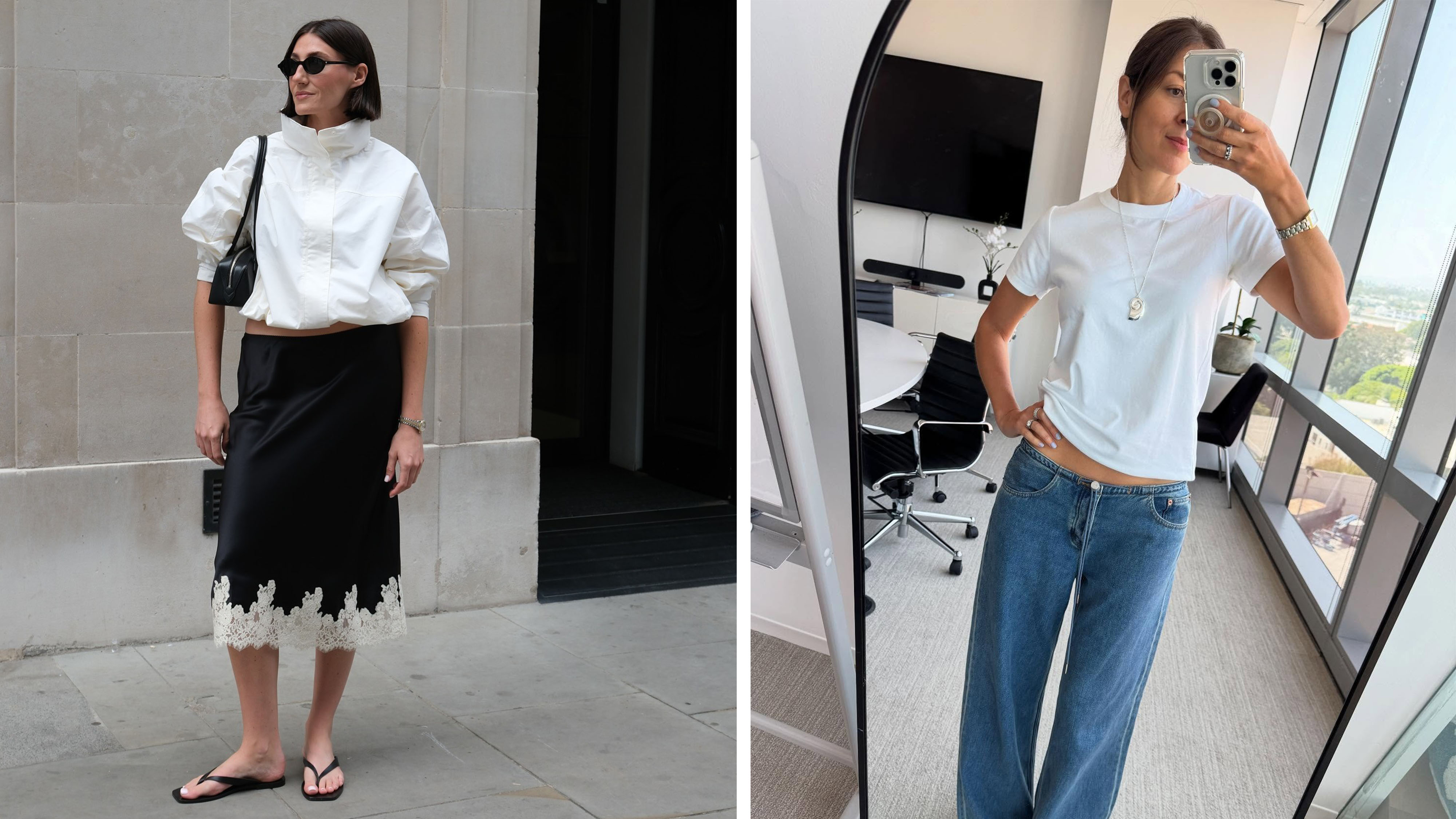 Woman in white Uniqlo jacket and black skirt; woman in white crew neck t-shirt and jeans
