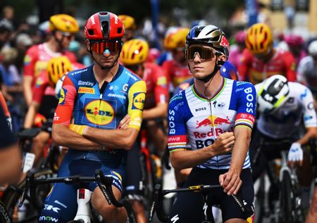 SAN SEBASTIAN, SPAIN - AUGUST 01: (L-R) Giulio Ciccone of Italy and Remco Evenepoel of Belgium and Team Red Bull - BORA - hansgrohe prior to the 45th Donostia San Sebastian Klasikoa 2026 a 221,1km one day race from San Sebastian to San Sebastian / #UCIWT / on August 01, 2026 in San Sebastian, Spain. (Photo by Antonio Baixauli/Getty Images)