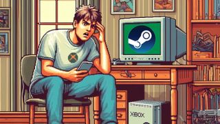 A man looks stressed out by his Steam-powered Xbox