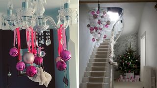 Christmas decorating ideas showing light fittings dressed with hanging baubles to add a focal festive decoration