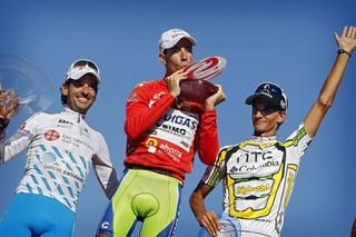 The final 2010 Vuelta a Espana podium: Ezequiel Mosquera, Vincenzo Nibali and Peter Velits.