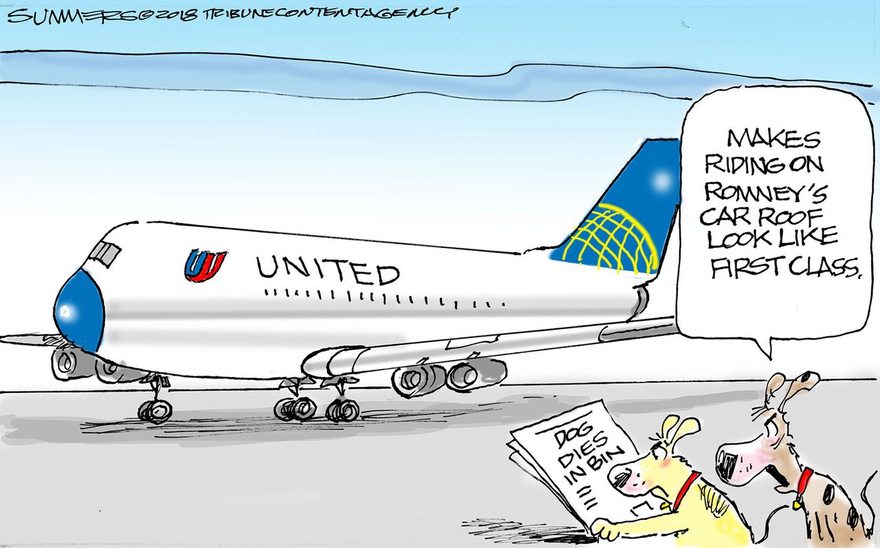 Political cartoon U.S. dog death United Airlines Mitt Romney