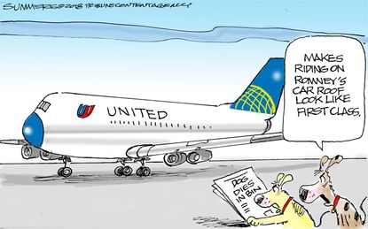 Political cartoon U.S. dog death United Airlines Mitt Romney