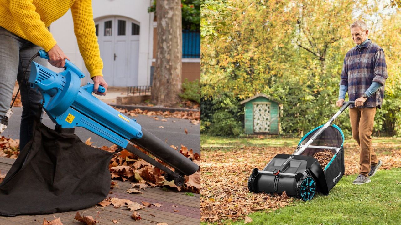 A two-panel image demonstrating leaf vacuum vs lawn sweeper, a blue leaf vacuum vacuuming leaves on a pavement, and a Gardena lawn sweeper