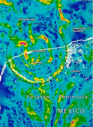 Topological features of the Chicxulub crater can be seen in this gravity map (red and yellow indicate high gravity, while green and blue are gravity lows).