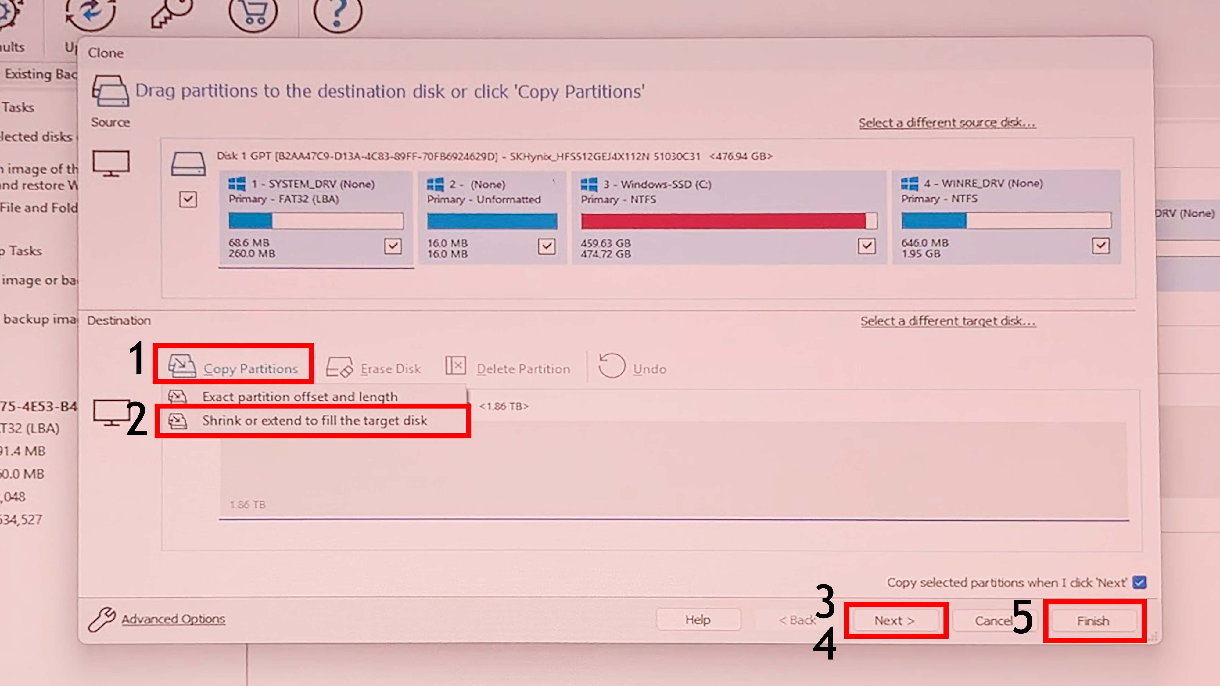Macrium Reflect program with highlighted areas explaining to first Copy Partitions, second Shrink or extend to fill the target disk, third select Next, fourth select Next, and fifth select Finish.