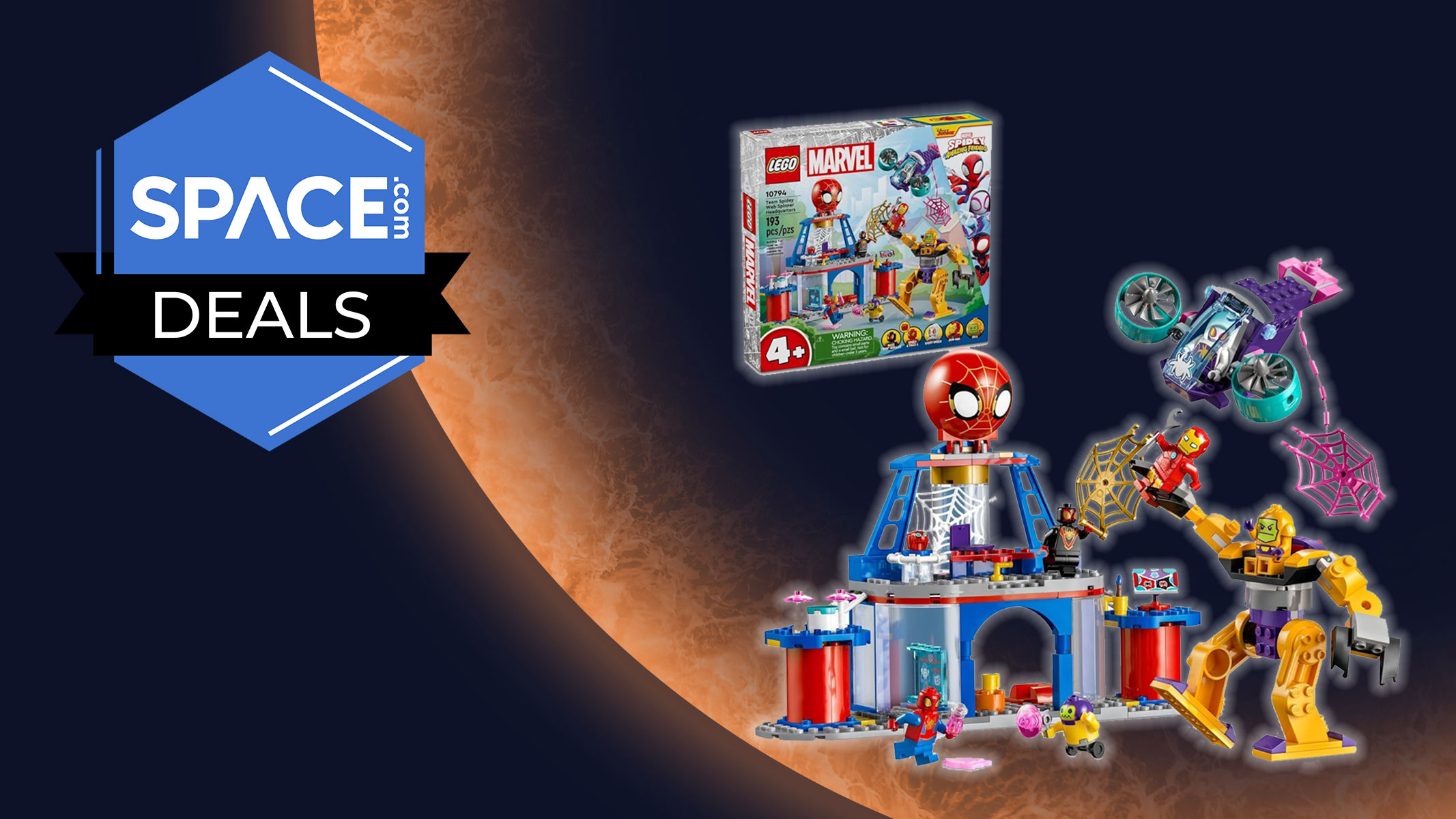 A Lego set featuring a large Spider-Man head and a product box is in front of an orange planet with a space.com logo in the top left corner.