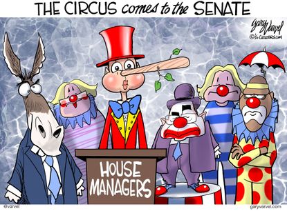 Political Cartoon U.S. Senate impeachment trial house managers clowns democrats