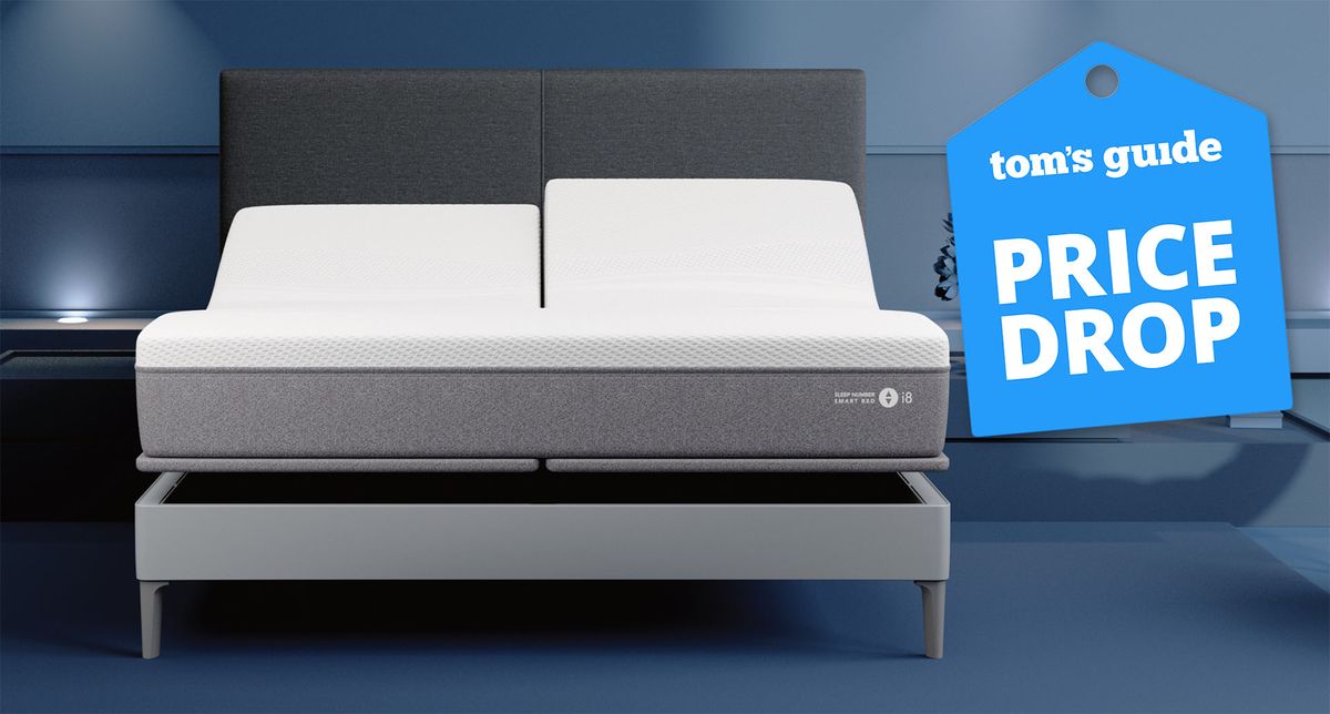 The Sleep Number i8 Smart Bed on an adjustable smart bed base in a bedroom, a Tom&#039;s Guide price drop deals graphic (right)