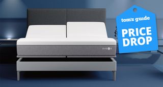 The Sleep Number i8 Smart Bed on an adjustable smart bed base in a bedroom, a Tom's Guide price drop deals graphic (right)