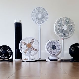 A row of fans of different shapes and sizes on a wooden floor