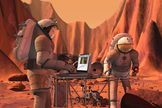 How soon before humans trek across the landscape of Mars? Artist's concept depicts crewmembers involved in sample analysis on Mars.
