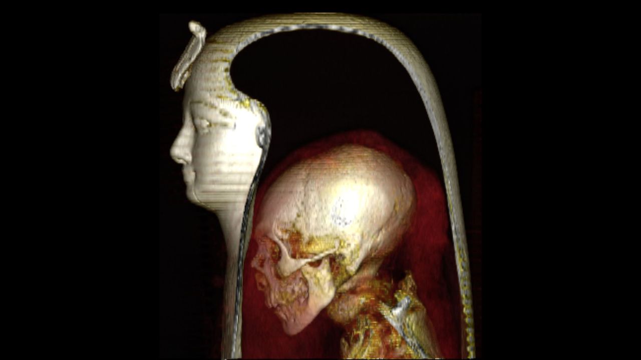 When the researchers peered beneath the wrappings of the pharaoh&rsquo;s mummy they saw its shrunken skull and skeleton.